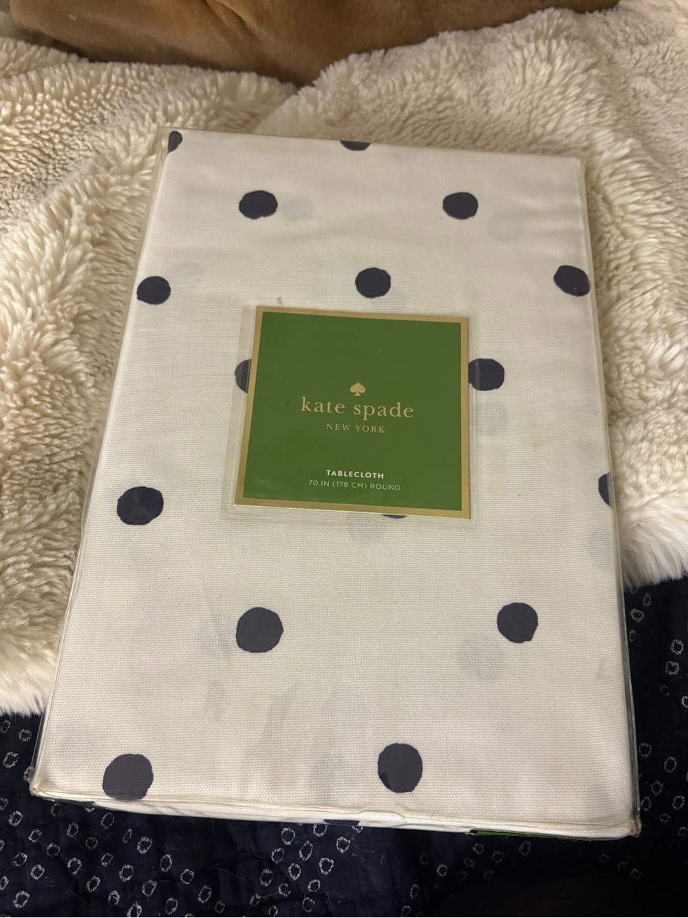 kate spade white tablecloth with navy polka dots